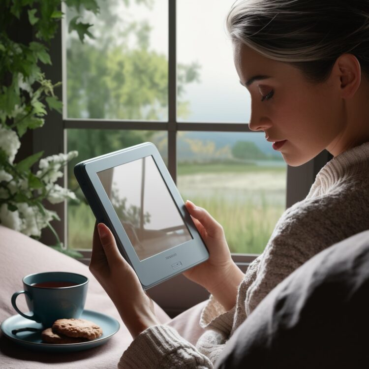 A cinematic shot of a woman with a serene expression sitting in a cozy reading nook. She is holding an eReader with a white screen.