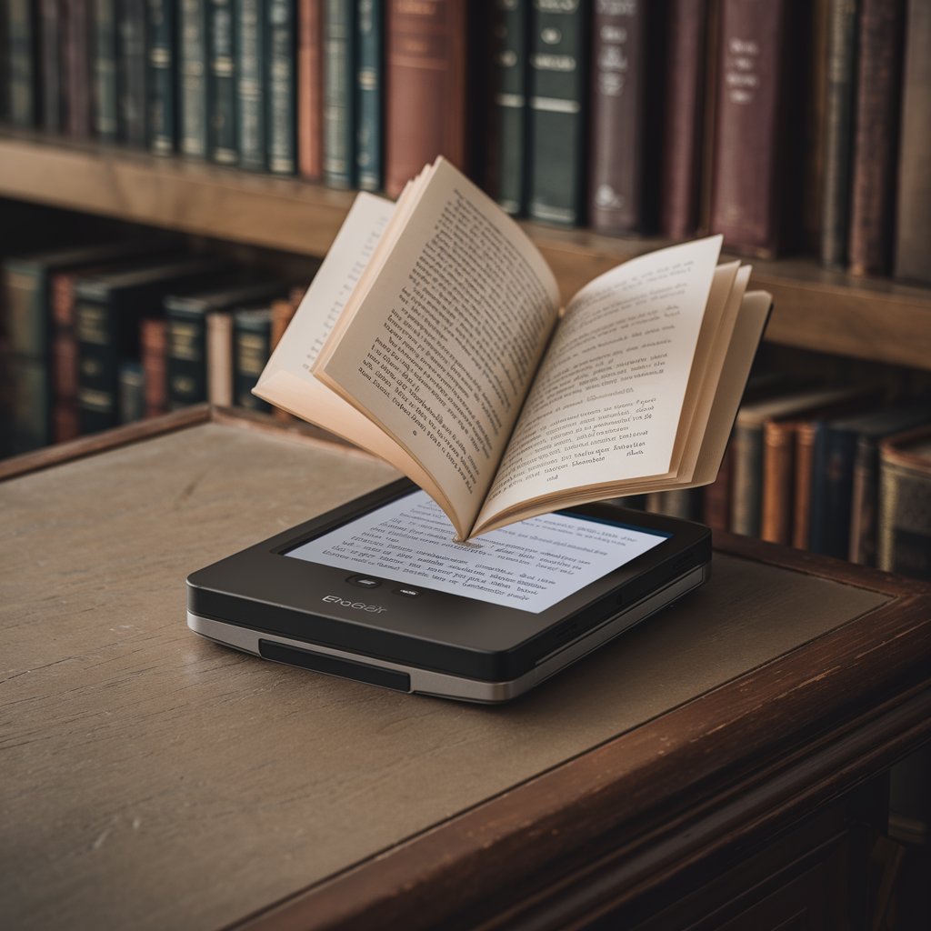 A cinematic shot of an eReader with a book open on its screen. The eReader is on a wooden table. There are books in the background, on shelves. The lighting is soft.