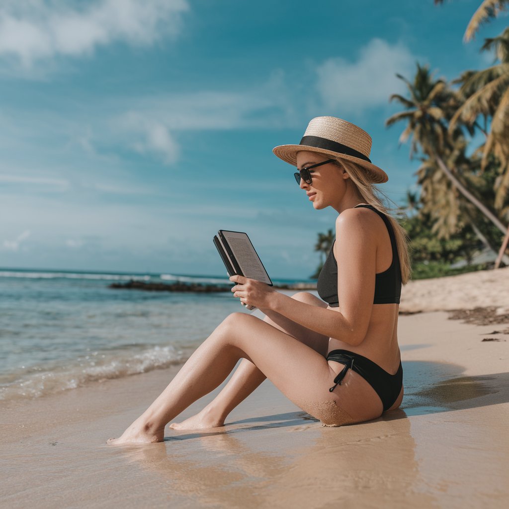 a photo of a woman sitting on the sand and reading e book