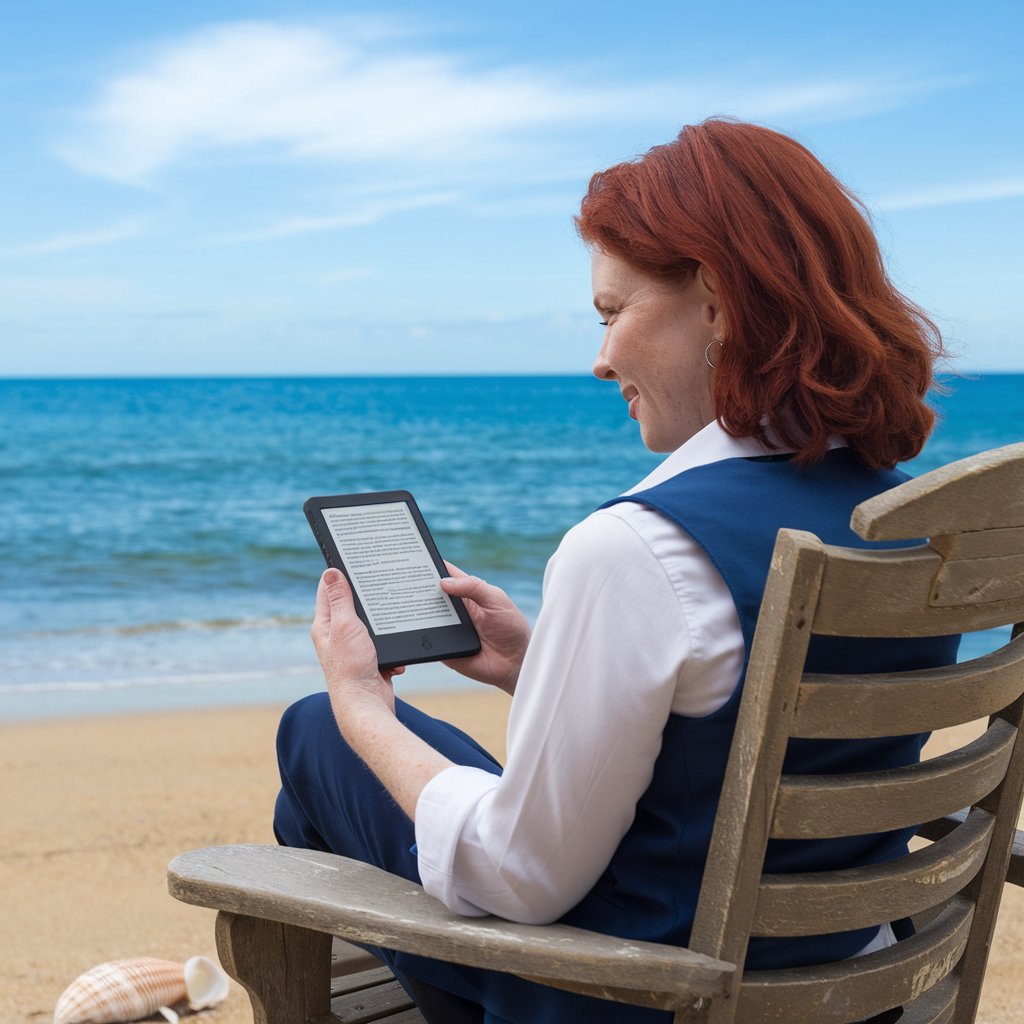 A photo of a woman with auburn hair sitting on a wooden chair near the beach. She is wearing a white shirt and a blue vest. She is holding an e-reader with her left hand. The background contains the vast blue ocean and the golden sandy beach. A few seashells are placed on the sand near her feet. The sky is clear with a few white clouds.