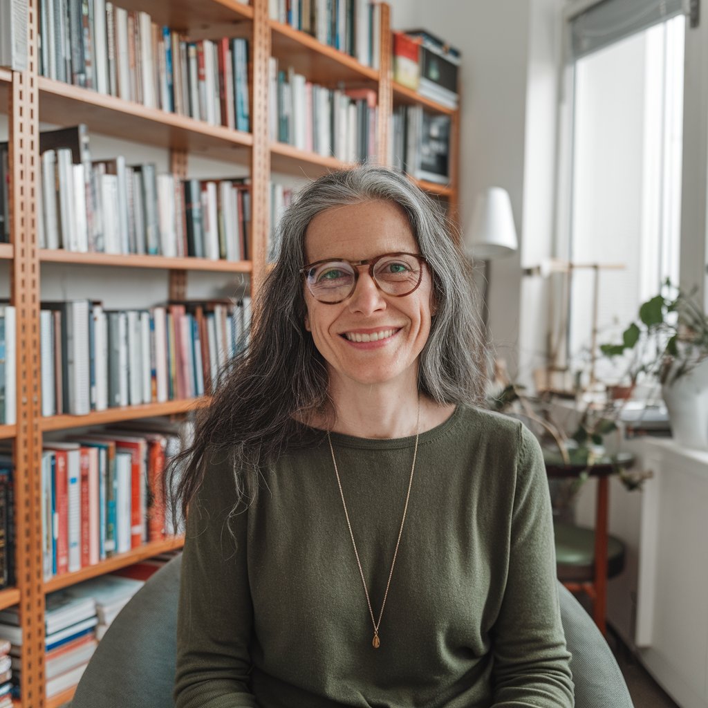 A photo of a woman with a books. She is sitting in a room with a wooden shelf full of books. 