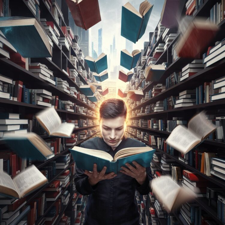 A unique image of a futuristic library with floating books, where a person is reading at an extremely fast pace. The person has a glowing aura around their head and hands. The background contains a city with tall skyscrapers.