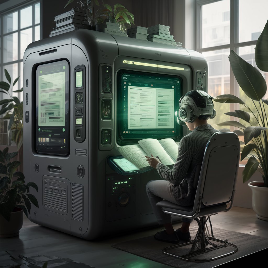 A unique picture of a futuristic speed reading machine. The machine has a large screen and multiple smaller screens. There's a person sitting in front of the machine, reading. The background contains plants and a window. A green light is shining on the person from the machine.