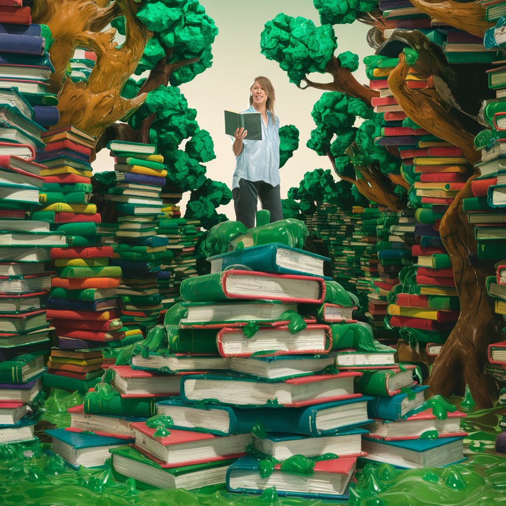 A woman with a book in her hand standing on a mountain of books. 