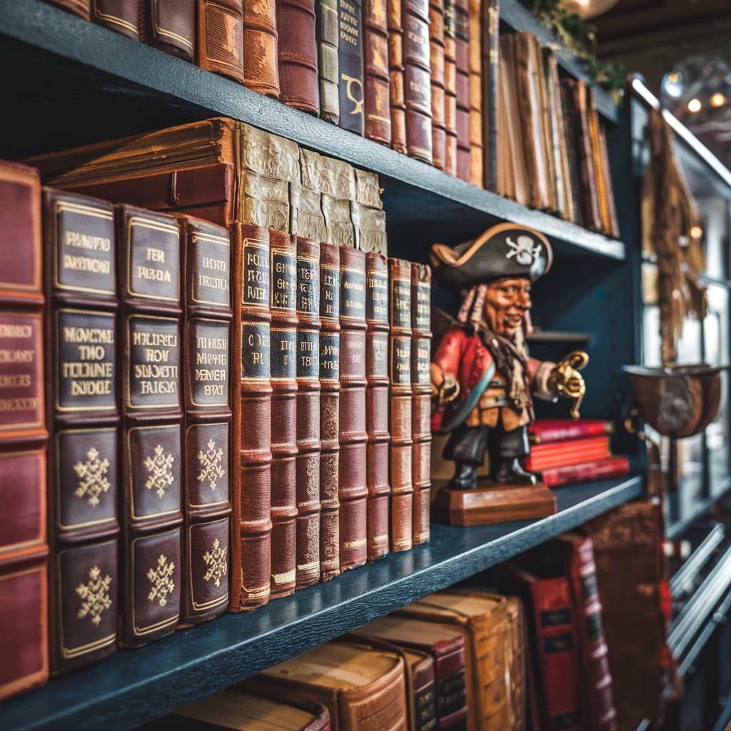 A photo of a shelf filled with old pirate-themed books.